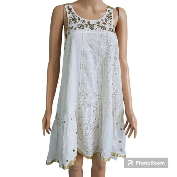 Anthropologie Leifnotes White Eyelet Gold Trim Beaded Sleeveless Dress Size 4 - Picture 1 of 16